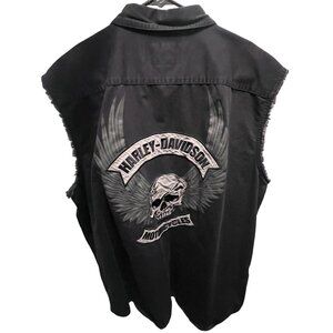 HARLEY DAVIDSON Black On Black Embroidered Skull Cutoff Button Up Men's Shirt XL